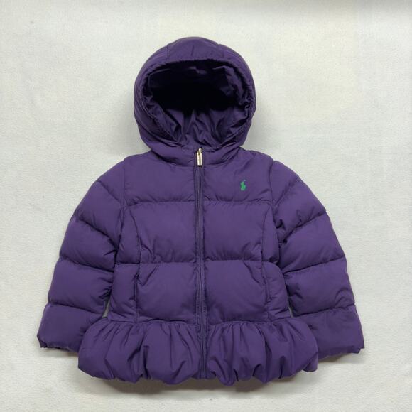 Ralph Lauren Girls Down Puffer Coat Hoodie Jacket Youth Size 6 Purple Ruffle Hem - Picture 1 of 11
